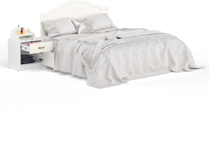 Ливерпуль Кровать 11.08 + основание + ножки + Тумба 08.146 + Полка 10.117, цвет ясень ваниль/белый, ШхГхВ 266х204х112 см, 1600х2000 мм, б/м, орт. есть