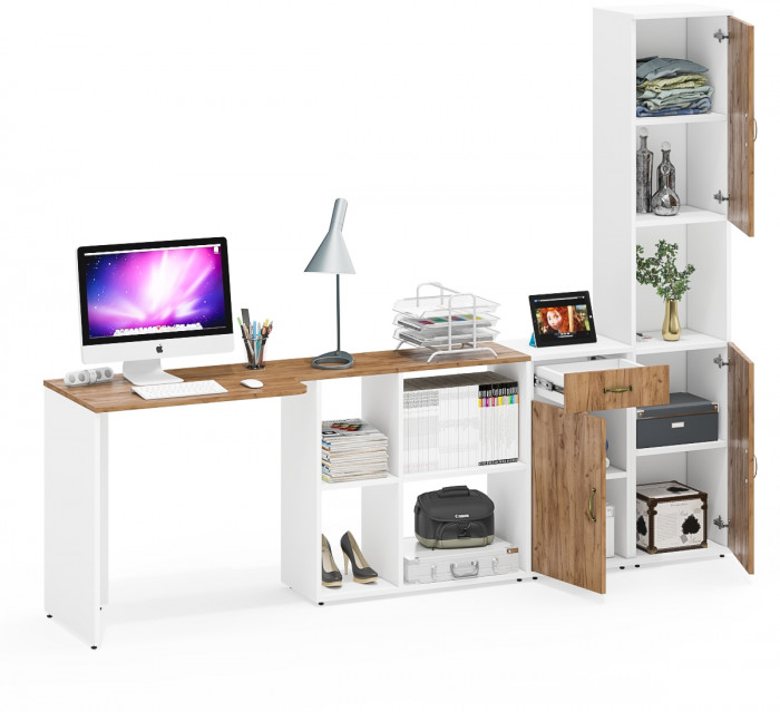 Лидер-8 Стол + Тумба МД 3.15 + Пенал, цвет белый шагрень/крафт золото, ШхГхВ 245х50/30х75/190 см. или 115х50/160х75/190 см., НЕ универсальная сборка