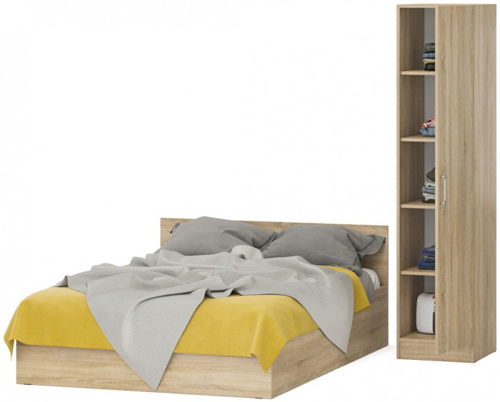 Кровать 1400 + Пенал Стандарт, цвет дуб сонома, ШхГхВ 143,5х203,5х70 + 45х52х200 см., сп.м. 1400х2000 мм., без матраса, основание есть