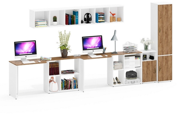 Лидер-8 Стол + Полка + Стол + Полка + Пенал МД 21Б + Тумба МД 3.19, белый шагрень/крафт золото