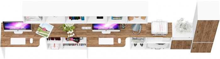 Лидер-8 Стол + Полка + Стол + Полка + Пенал МД 21Б + Тумба МД 3.19, белый шагрень/крафт золото