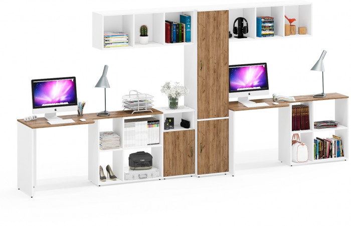 Лидер-8 Стол + Полка + Стол + Полка + Пенал МД 21Б + Тумба МД 3.19, белый шагрень/крафт золото