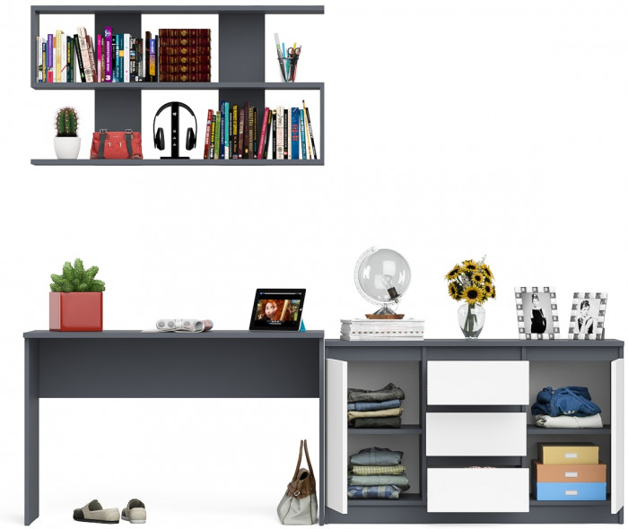 Мори письменный стол МСП1200.1 + Комод МК1200.3 + Полка 1200, графит/белый