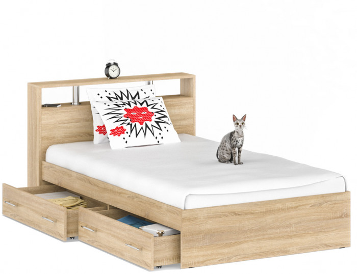 Камелия Кровать с ящиками 1200, цвет дуб сонома, ШхГхВ 123,5х217х78,2 см., сп.м. 1200х2000 мм., без матраса, основание есть