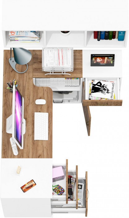 Лидер-8 Стол + Полка + Тумба МД 3.15 + Тумба МД 3.16, цвет белый шагрень/крафт золото, ШхГхВ 245х50/30х75/190 или 155х120/50х75/190 с, НЕ универс. сб.