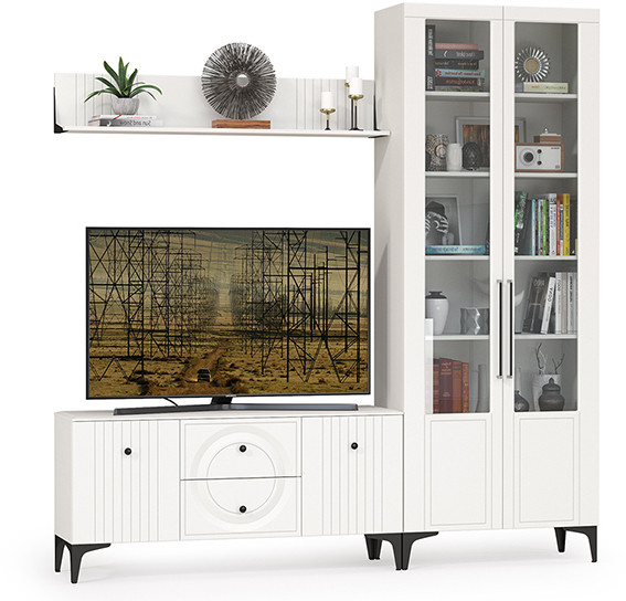 Валенсия Гостиная № 058, цвет ЛДСП белый шагрень/МДФ белый шагрень, ШхГхВ 217,2х38,3х225,2 см., универсальная сборка