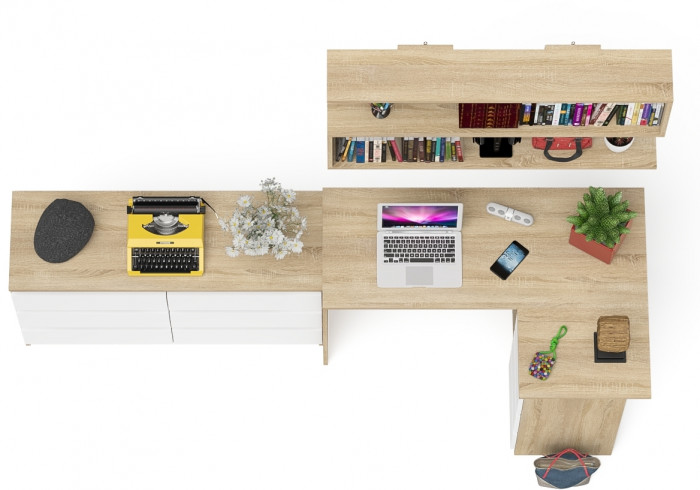 Мори компьютерный стол МС-16 правый + Комод МК1200.6 + Полка 1200, дуб сонома/белый