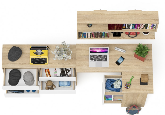 Мори компьютерный стол МС-16 правый + Комод МК1200.6 + Полка 1200, дуб сонома/белый