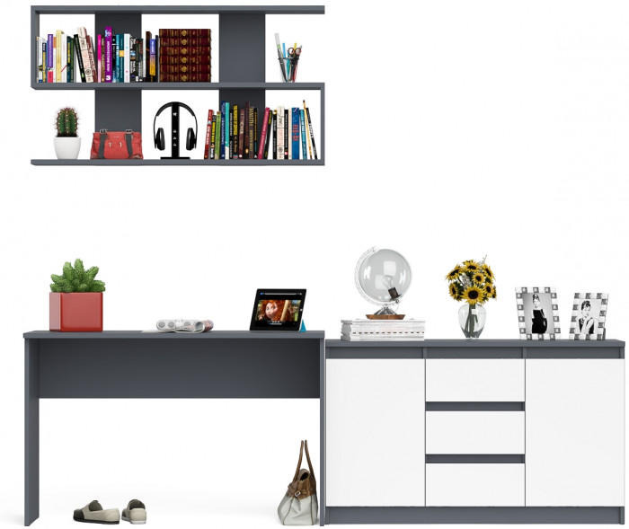 Мори письменный стол МСП1200.1 + Комод МК1200.3 + Полка 1200, графит/белый