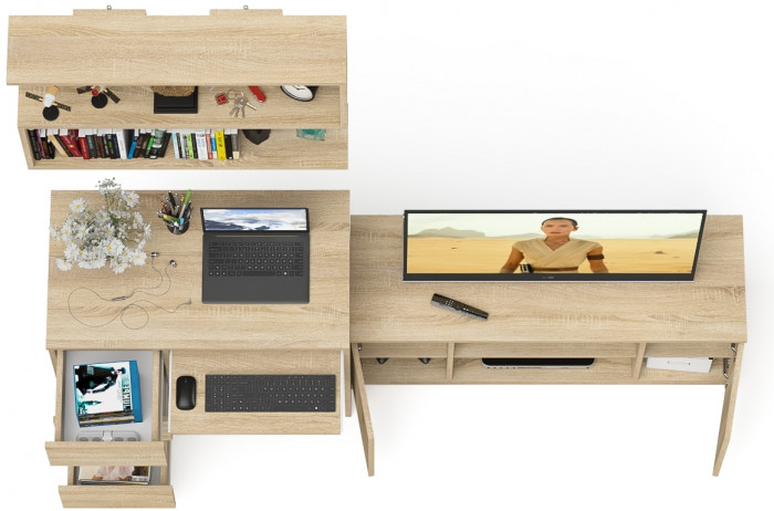 Мори Стол компьютерный МС-6 левый + Тумба МТВ1200.1 + Полка 900, цвет дуб сонома, ШхГхВ 210,4х50х209,6 см., НЕ универсальная сборка