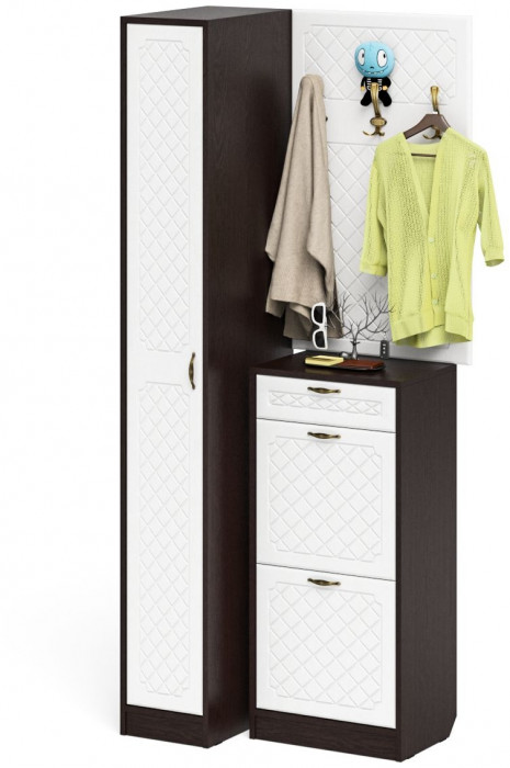 Прихожая П-6 Компоновка № 44, венге/фасады МДФ белое дерево фрезеровка ромб