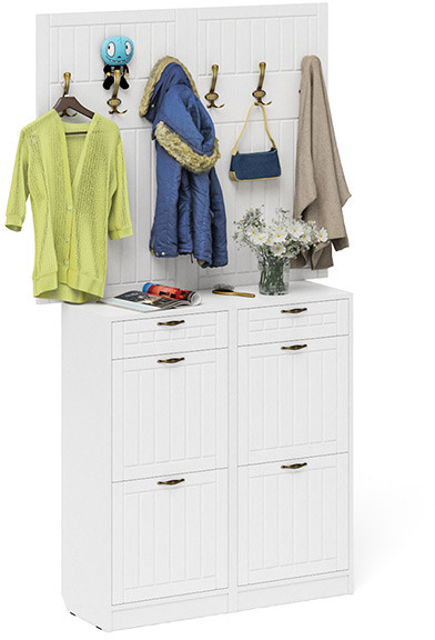 Прихожая П-6 Компоновка № 04, цвет белая шагрень/фасады МДФ белое дерево фрезеровка прованс, ШхГхВ 120х35х200 см.