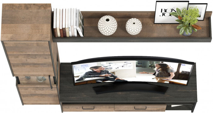 Трувор 13.70Тумба под ТВ +13.205 Шкаф-пенал с витриной +15.60 Полка, дуб гранж песочный/интра