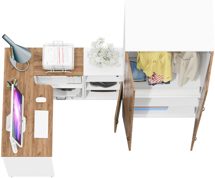 Лидер-8 Стол + Тумба МД 3.19 + Шкаф МД 19Б, белый шагрень/крафт золото