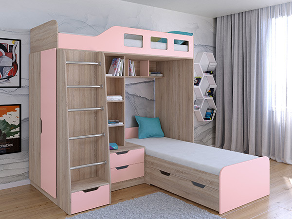 Кровать двухъярусная Астра 4  Сонома/Розовый