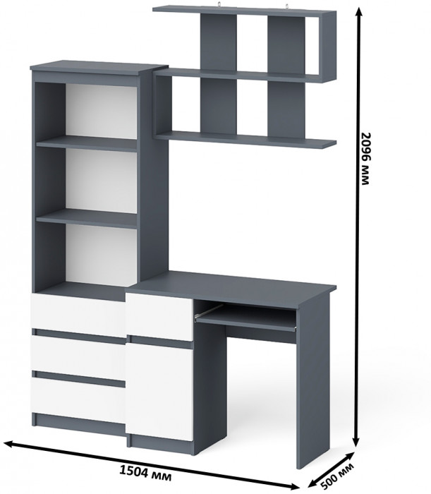 Мори компьютерный стол МС-1 левый + Стеллаж МСТ600.3 + Полка 900, графит/белый