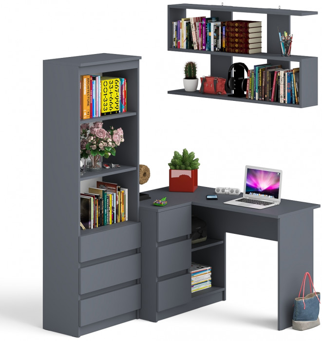 Мори компьютерный стол МС-16 левый + Стеллаж МСТ600.3 + Полка 1200, графит