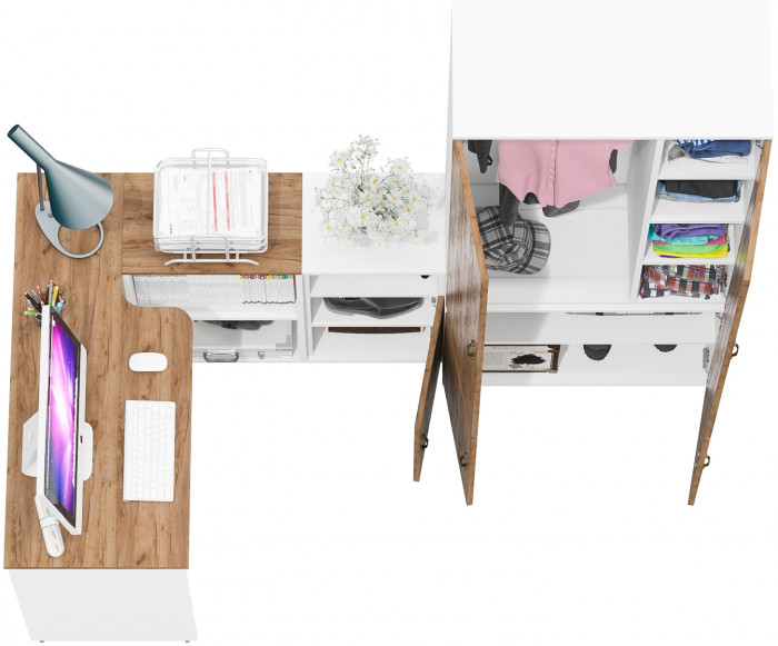 Лидер-8 Стол + Тумба МД 3.19 + Шкаф МД 20Б, белый шагрень/крафт золото