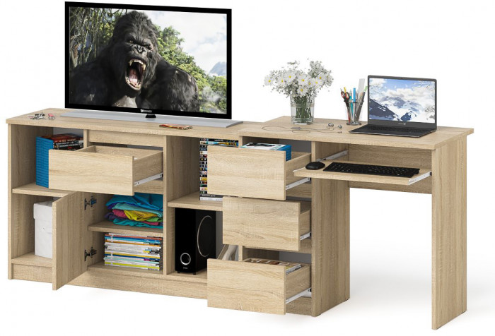 Мори компьютерный стол МС-6 левый + Тумба МТВ1204.1, дуб сонома