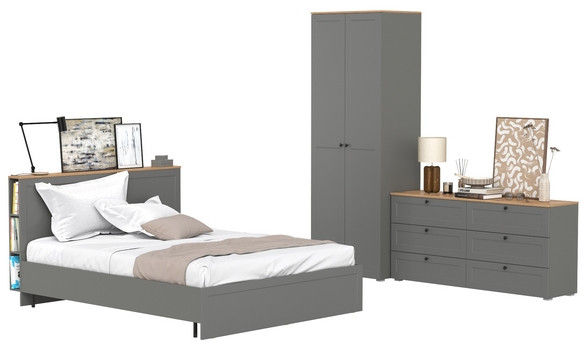 Остин 11.53 Кровать + ортопед + 13.336.02 Шкаф для одежды + 16.240 Комод, серый графит/дуб крафт золотой