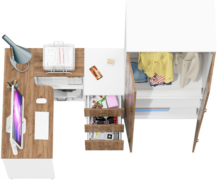 Лидер-8 Стол + Тумба МД 3.16 + Шкаф МД 19Б, белый шагрень/крафт золото