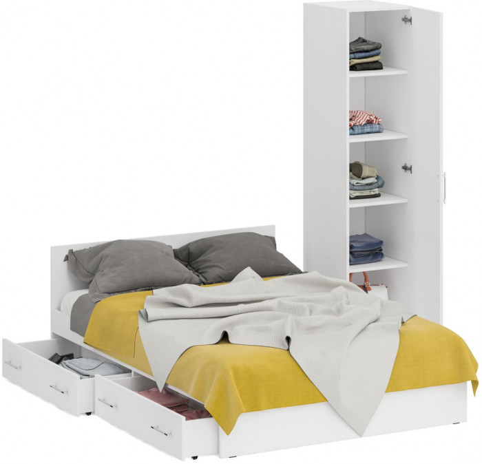 Кровать с ящиками 1400 + Пенал Стандарт, цвет белый, ШхГхВ 143,5х203,5х70 + 45х52х200 см., сп.м. 1400х2000 мм., без матраса, основание есть