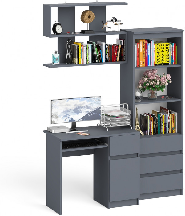 Мори компьютерный стол МС-1 правый + Стеллаж МСТ600.3 + Полка 900, графит