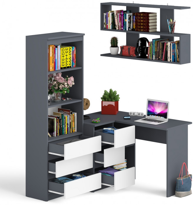 Мори компьютерный стол МС-16 левый + Стеллаж МСТ600.3 + Полка 1200, графит/белый