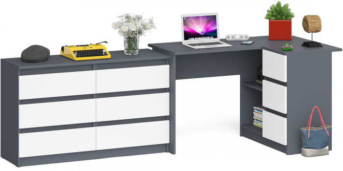 Мори компьютерный стол МС-16 правый + Комод МК1200.6, графит/белый