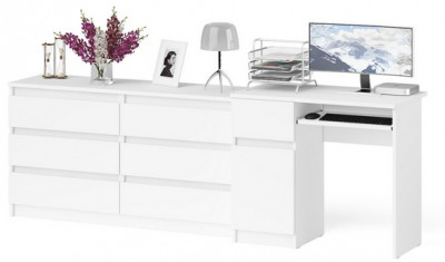 Мори Стол компьютерный МС-1 левый + Комод МК1380.6, цвет белый, ШхГхВ 228х50х76,6 см., выдвижной ящик слева, НЕ универсальная сборка