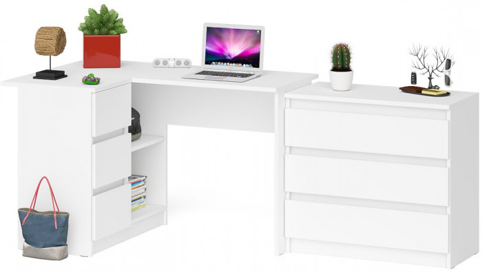 Мори Стол компьютерный МС-16 левый + Комод МК800.1, цвет белый, ШхГхВ 204,8х84,9х76,6 см., выдвижные ящики слева, НЕ универсальная сборка