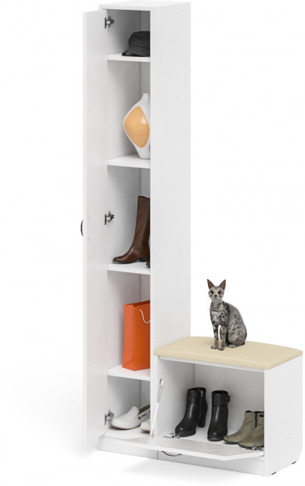 Прихожая П-6 Компоновка № 19, белая шагрень/фасады МДФ белое дерево фрезеровка прованс