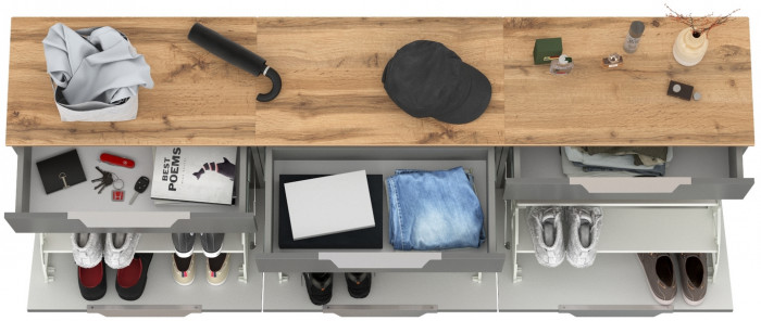 Октава 16.127 Тумба для обуви + 16.127 Тумба + 16.127 Тумба, цвет серый графит/дуб крафт золотой/фасады МДФ серый графит, ШхГхВ 194,7х35,4х62,2 см.