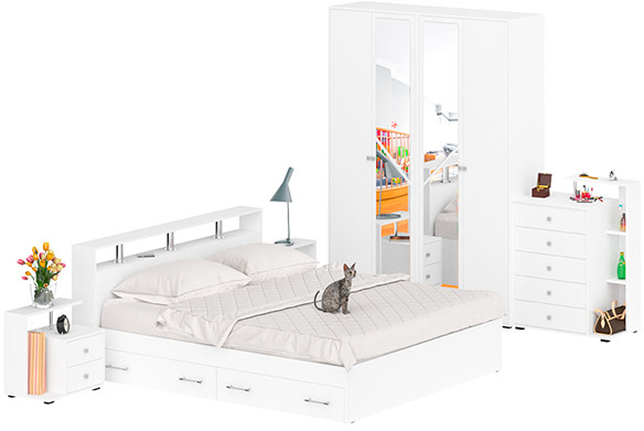 Камелия спальня № 11 Кровать с ящиками 1800 + Две тумбы + Комод + Шкаф 4-х створчатый, белый