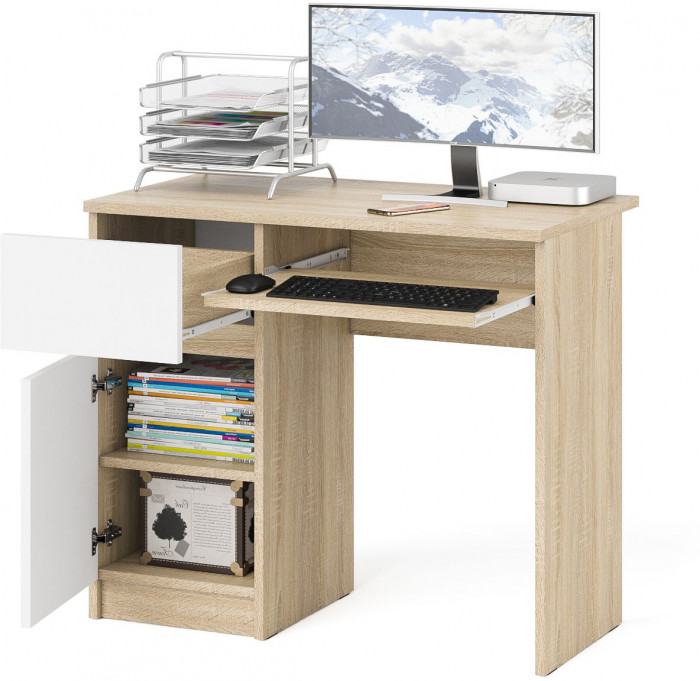 Мори компьютерный стол МС-1 левый, дуб сонома/белый