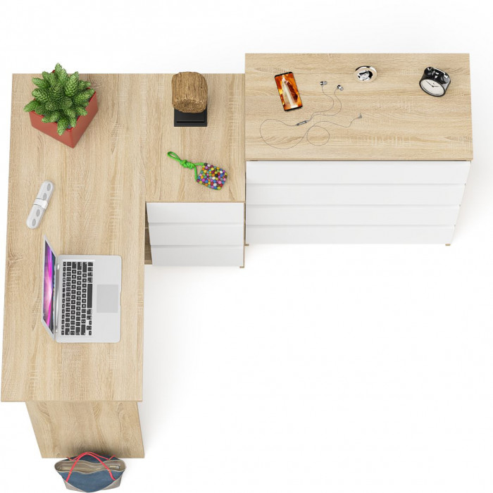 Мори компьютерный стол МС-16 правый + Комод МК800.4, дуб сонома/белый