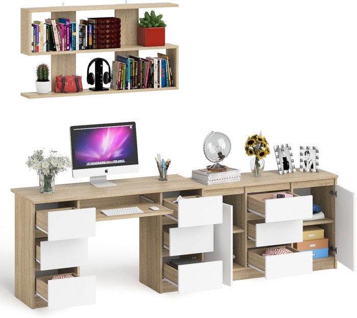 Мори компьютерный стол МС-2 + Комод МК1200.3 + Полка 1200, дуб сонома/белый