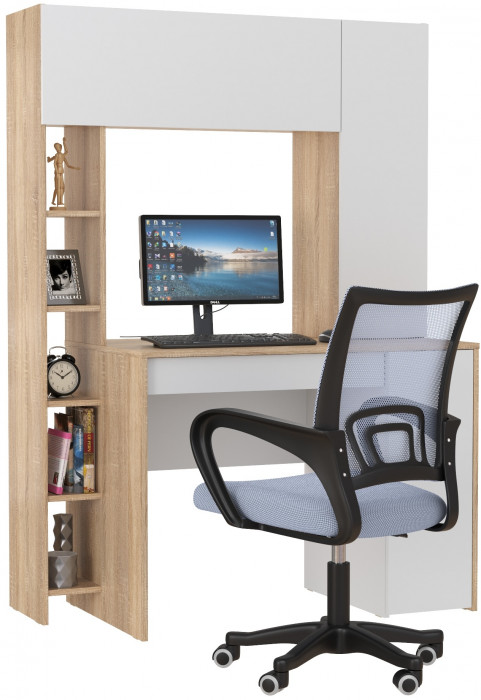 КР100 Стол компьютерный Комфорт 12.71 + кресло 103 серое, цвет дуб сонома/белый, ШхГхВ 116,7х60,2х165,4 см., НЕ универсальная сборка