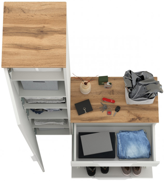 Октава Прихожая 13, цвет белый шагрень/дуб крафт золотой/фасады МДФ белый шагрень, ШхГхВ 97,1х35,4х197,6 см., универсальная сборка