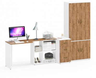 Лидер-8 Стол + Тумба МД 3.16 + Шкаф МД 20Б, белый шагрень/крафт золото