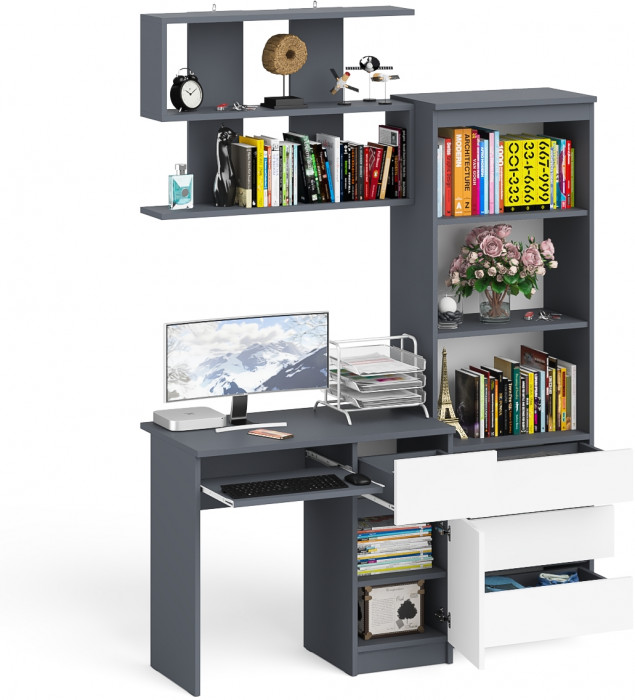 Мори компьютерный стол МС-1 правый + Стеллаж МСТ600.3 + Полка 900, графит/белый