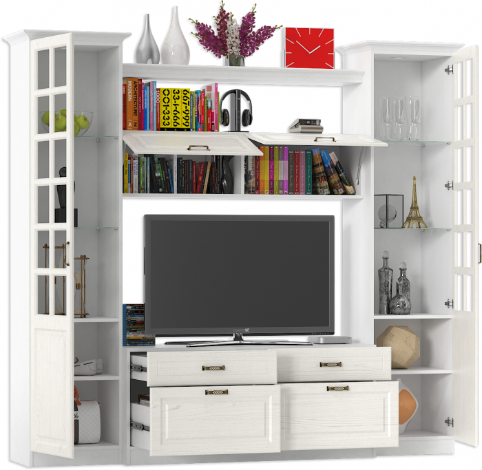 Ливерпуль Набор мебели 1, цвет ясень ваниль/белый, ШхГхВ 240х49,3х220,3 см.(без учёта карниза), ниша для тв 140х49х90 см.