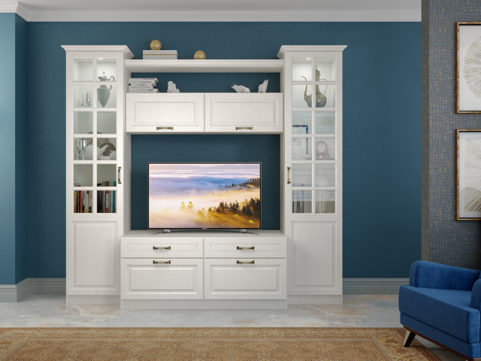 Ливерпуль Набор мебели 1, цвет ясень ваниль/белый, ШхГхВ 240х49,3х220,3 см.(без учёта карниза), ниша для тв 140х49х90 см.