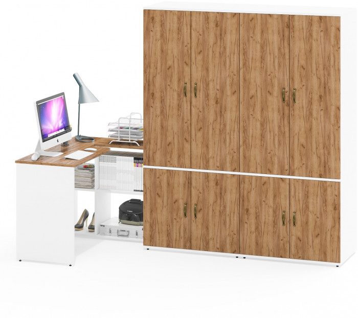 Лидер-8 Стол + Шкаф МД 19Б + Шкаф МД 19Б, белый шагрень/крафт золото