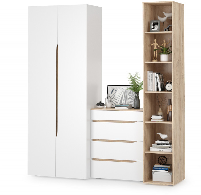 Муссон 13.198 Шкаф двухстворчатый + 13.349 Стеллаж + 13.97 Комод, белый/дуб эндгрейн элегантный