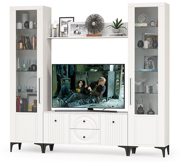 Валенсия Гостиная № 062, цвет ЛДСП белый шагрень/МДФ белый шагрень, ШхГхВ 243,1х38,3х225,2 см., ниша для ТВ 133х38х117 см.