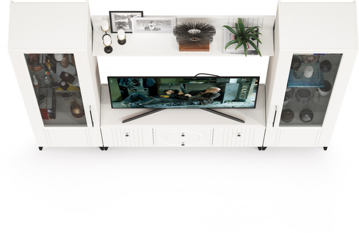 Валенсия Гостиная № 062, цвет ЛДСП белый шагрень/МДФ белый шагрень, ШхГхВ 243,1х38,3х225,2 см., ниша для ТВ 133х38х117 см.