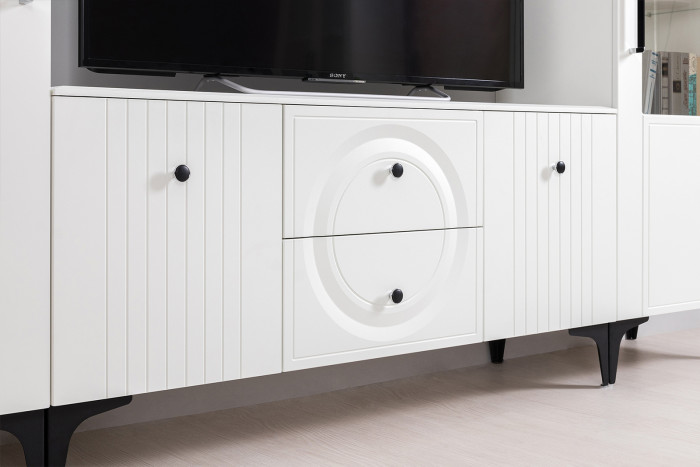 Валенсия Гостиная № 062, цвет ЛДСП белый шагрень/МДФ белый шагрень, ШхГхВ 243,1х38,3х225,2 см., ниша для ТВ 133х38х117 см.