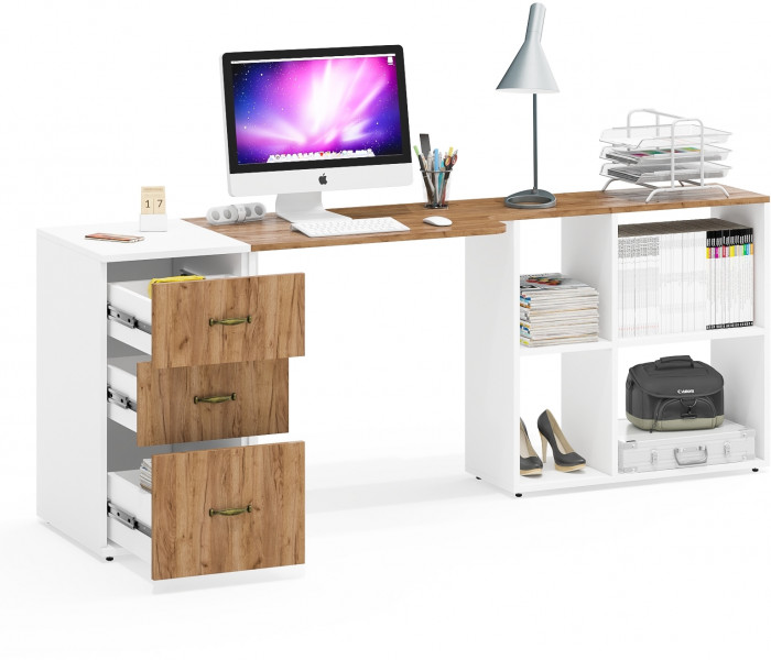 Лидер-8 Стол + Тумба МД 3.16, белый шагрень/крафт золото