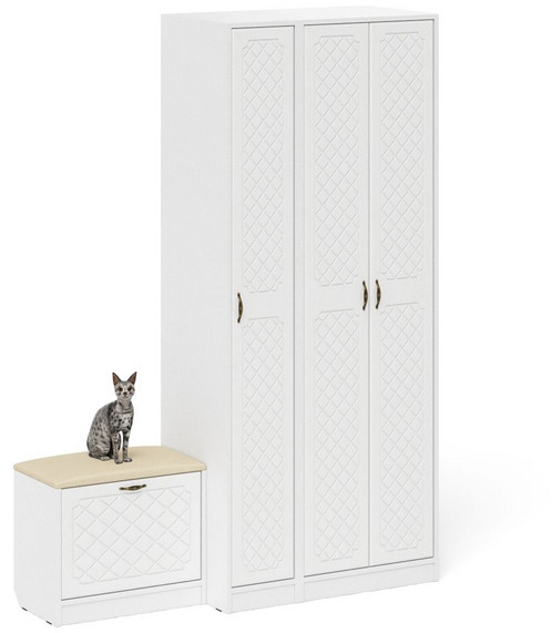 Прихожая П-6 Компоновка № 45, белая шагрень/фасады МДФ белое дерево фрезеровка ромб